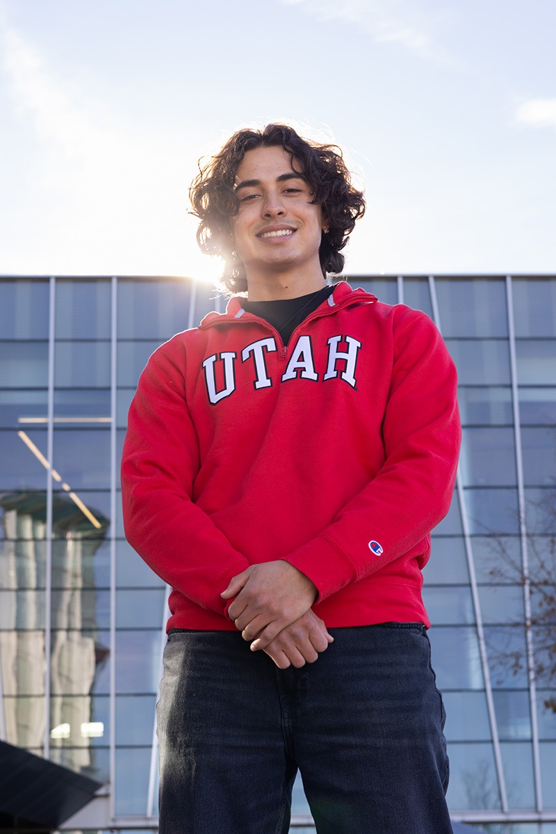 Victor Alexander Hollenbach, a junior software development major poses for a portrait outside of the Student Life Center on the University of Utah campus in Salt Lake City on Wednesday, December 6, 2023.