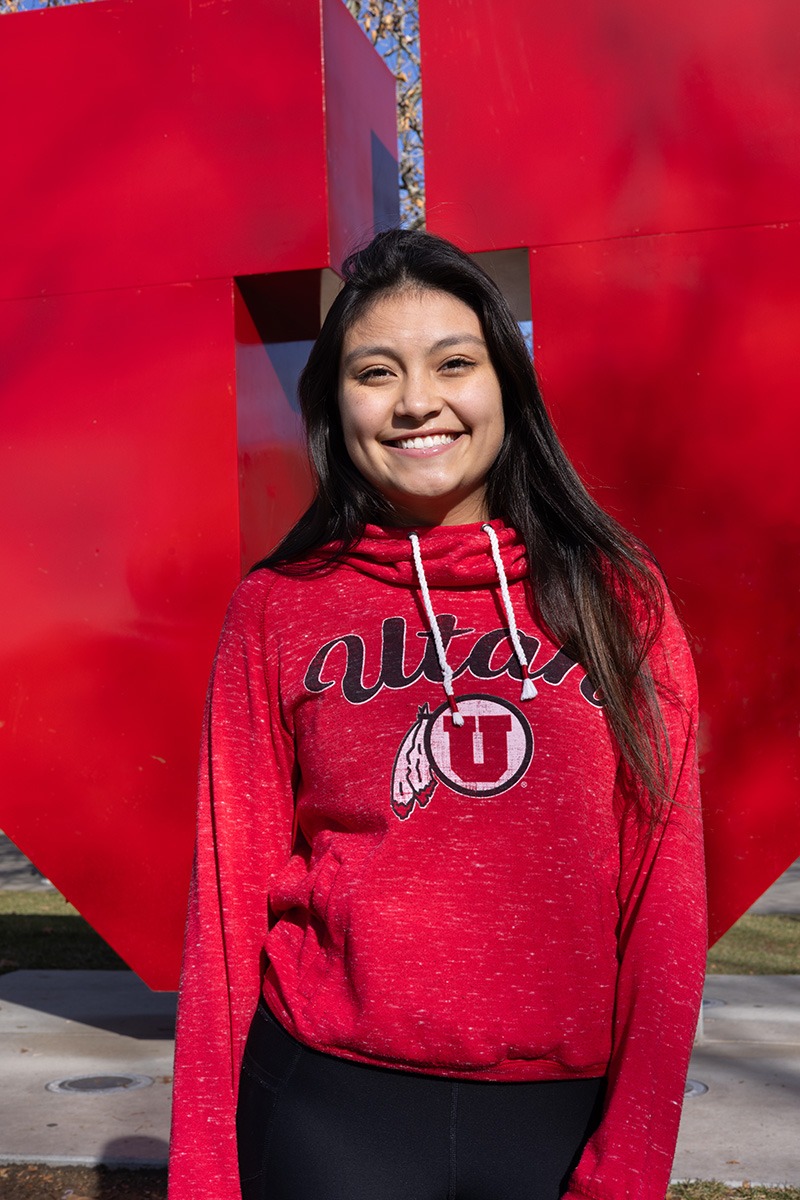 Eliana Moreno poses for a portrait by the Block U on the University of Utah campus in Salt Lake City on Wednesday, December 6, 2023.