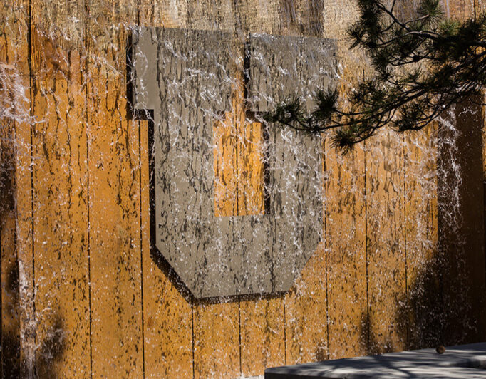 the block U logo on a fence