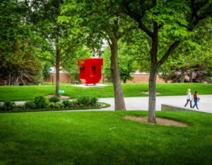 campus scene with the block U in the background