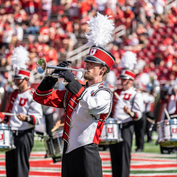 one of the members of the marching band mid-performance