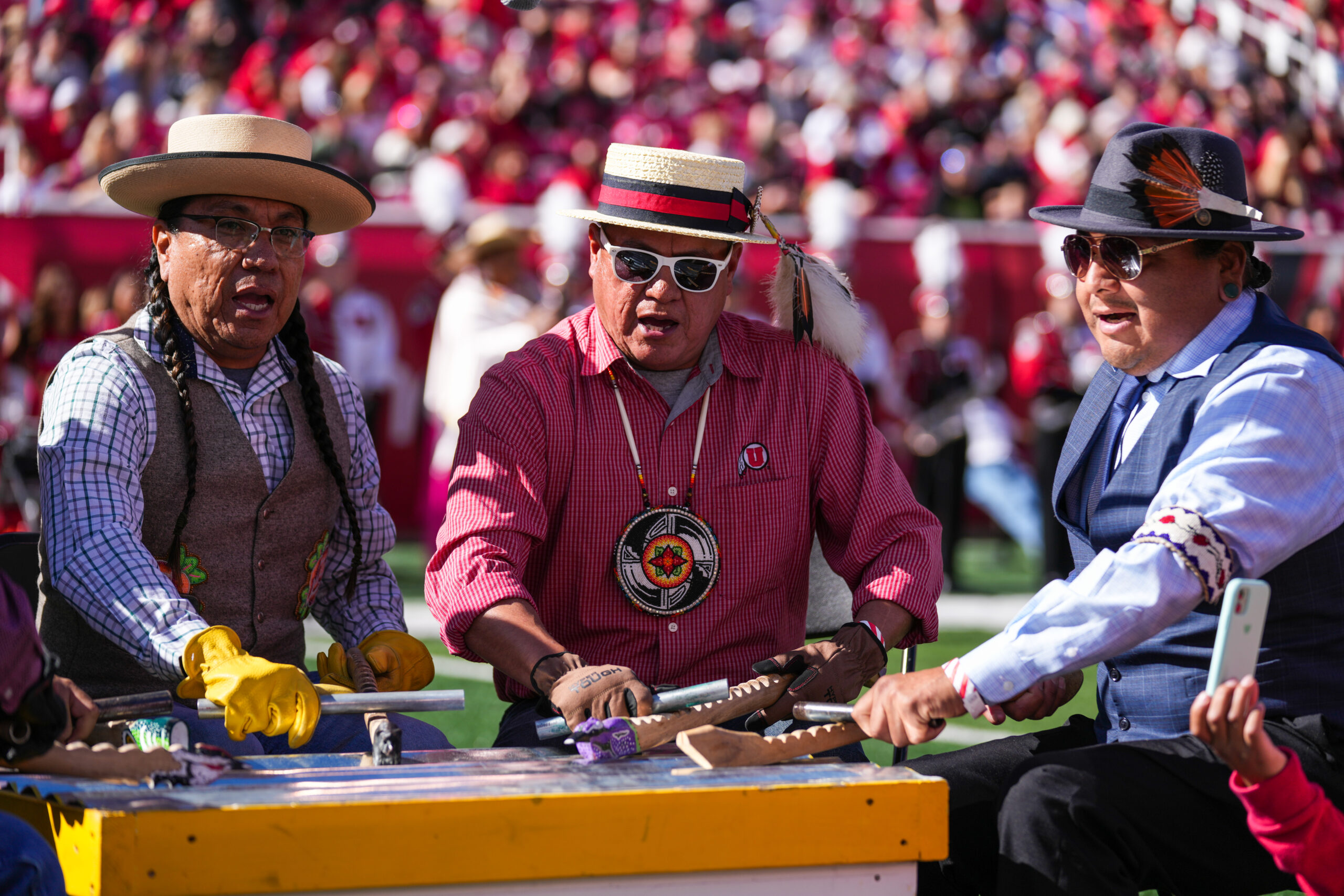 Utah Utes vs. California Golden Bears at Rice-Eccles Stadium in Salt Lake City, UT on Saturday, October 14, 2023.
Eli Rehmer/Utah Athletics a musical performance being done by a native american group